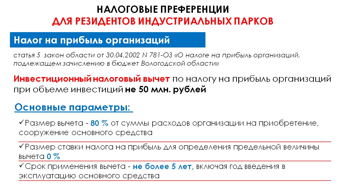 В инфокарточках представлена информация о налоговых преференциях для резидентов индустриальных парков.